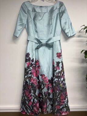 Light Blue Floral Midi Dress with Bow Waist